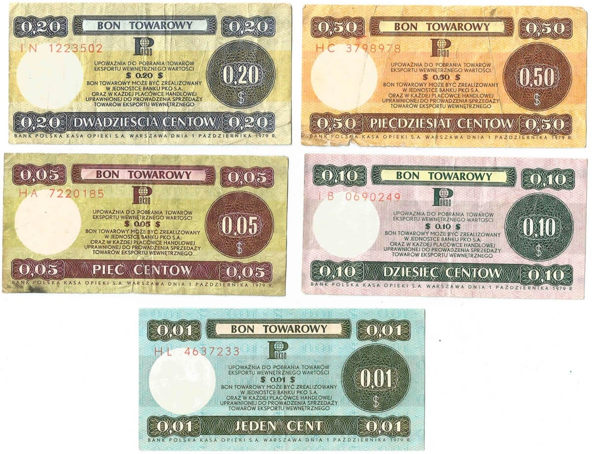 Lot: Zestaw 5 bonów towarowych, 1, 5, 10, 20, 50 centów 1979 stan 3-