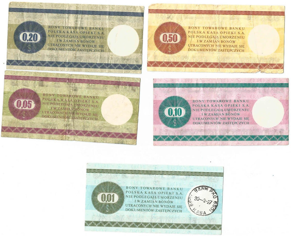 Lot: Zestaw 5 bonów towarowych, 1, 5, 10, 20, 50 centów 1979 stan 3-
