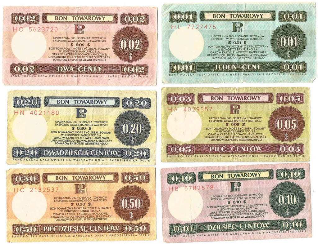 Lot: Zestaw 6 bonów towarowych, 1, 2, 5, 10, 20, 50 centów 1979 stan 3-