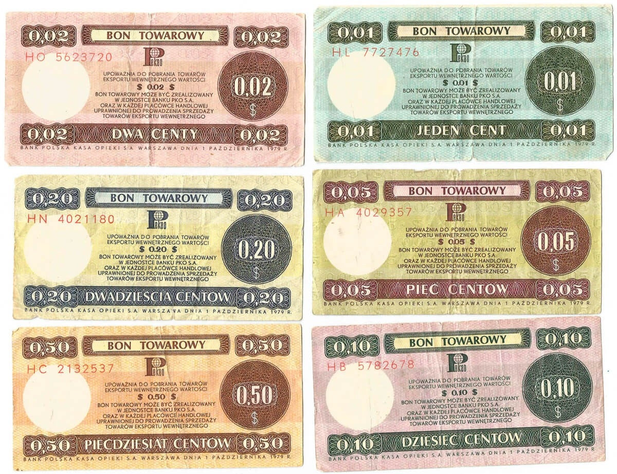 Lot: Zestaw 6 bonów towarowych, 1, 2, 5, 10, 20, 50 centów 1979 stan 3-