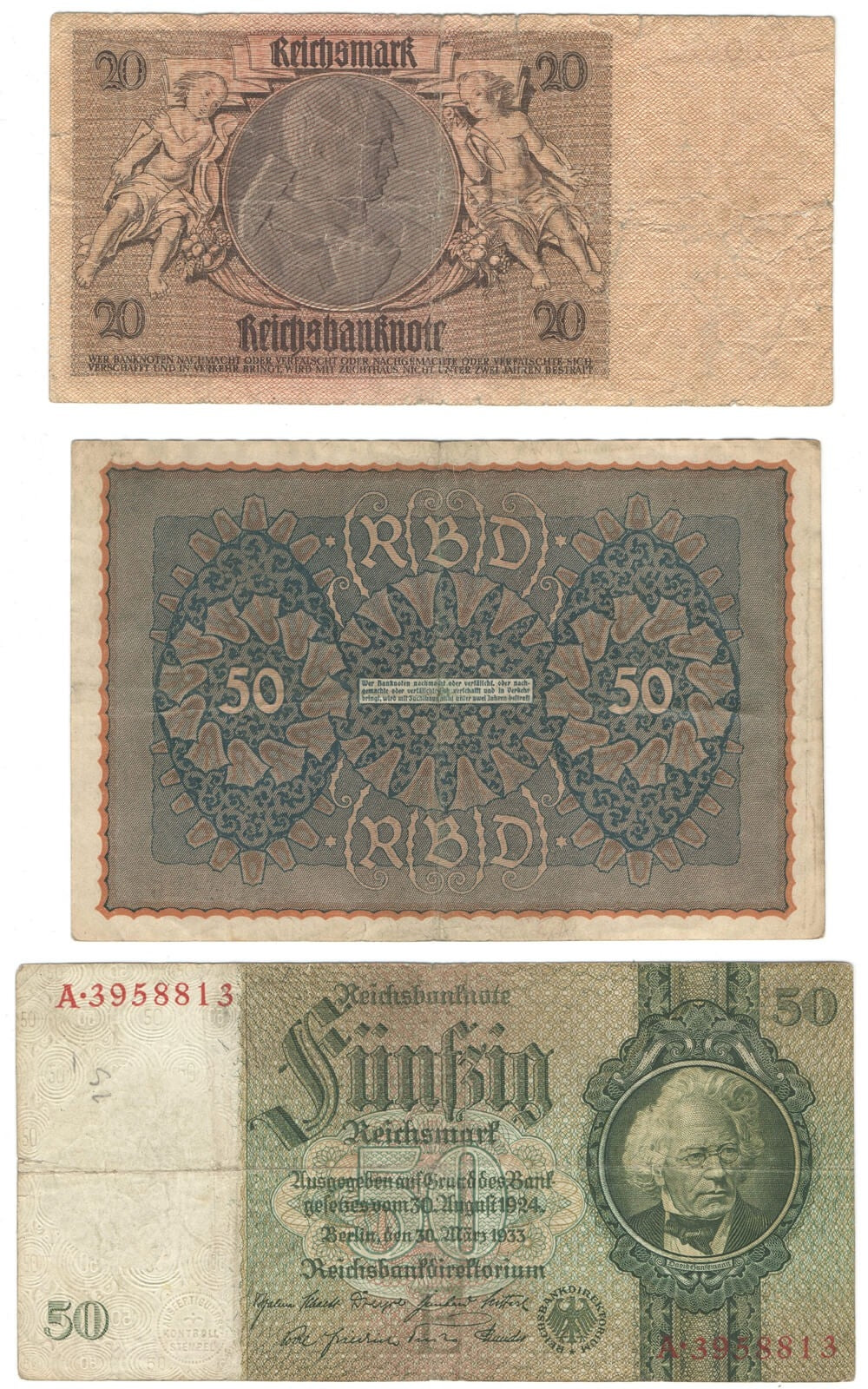 Niemcy, 3 banknoty. 20 i 50 marek, 1919-1933, serie A, E, TFa
