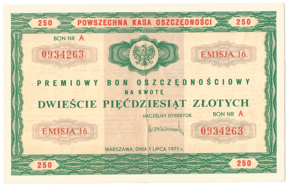 PKO Premiowy Bon Oszczędnościowy 250 zł 1971 rok