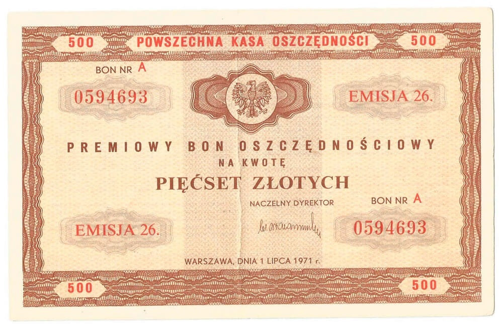 PKO Premiowy Bon Oszczędnościowy 500 zł 1971 rok