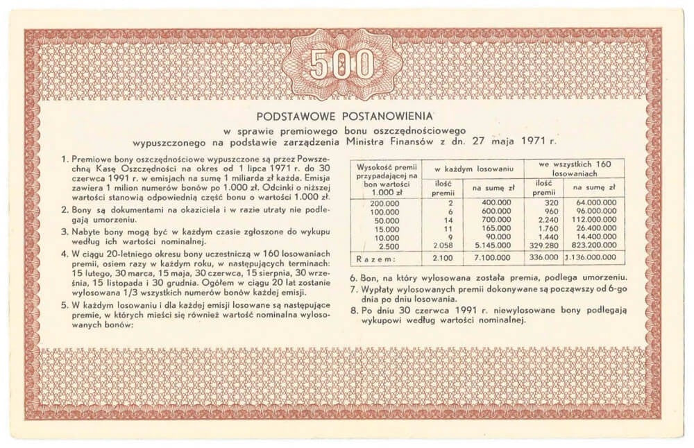 PKO Premiowy Bon Oszczędnościowy 500 zł 1971 rok