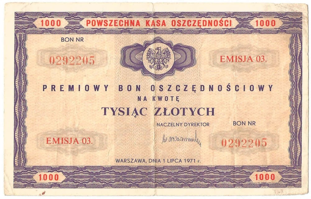 Premiowy bon oszczędnościowy 1000 zł, 1971, emisja 03., stan 3-