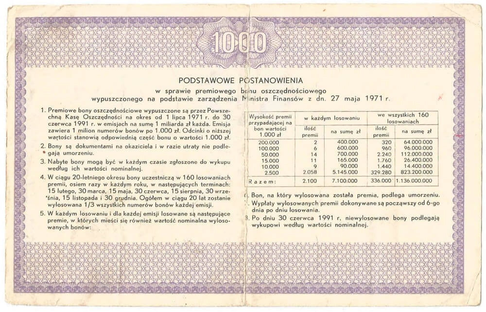 Premiowy bon oszczędnościowy 1000 zł, 1971, emisja 03., stan 3-