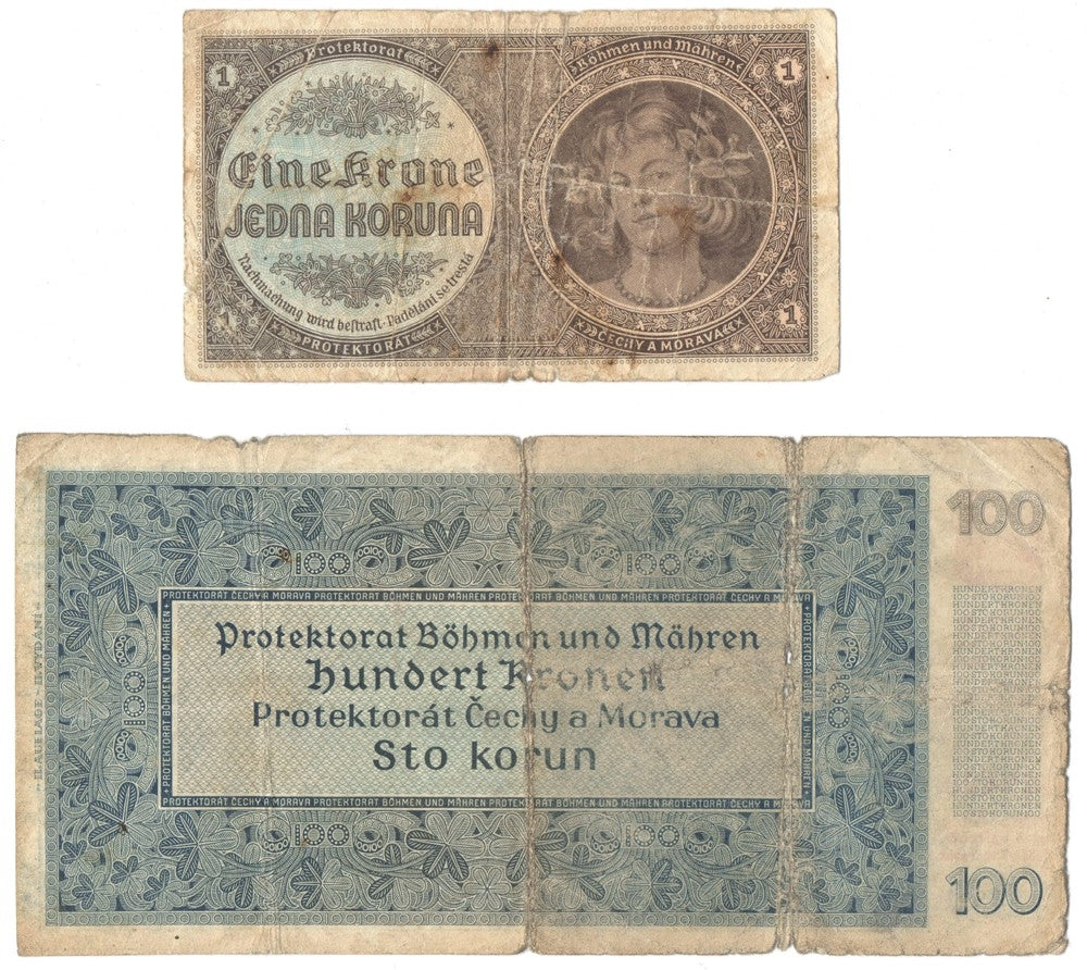 Protektorat Czech i Moraw, 1 korona seria D i 100 koron 1940 seria 32B