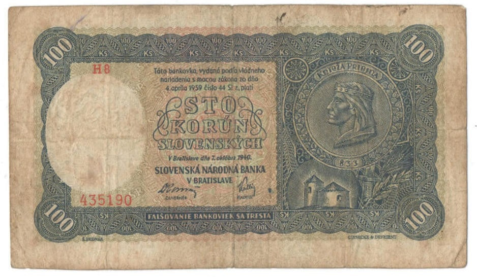 Słowacja, 100 koron 1940, ser. H8 435190, stan 4