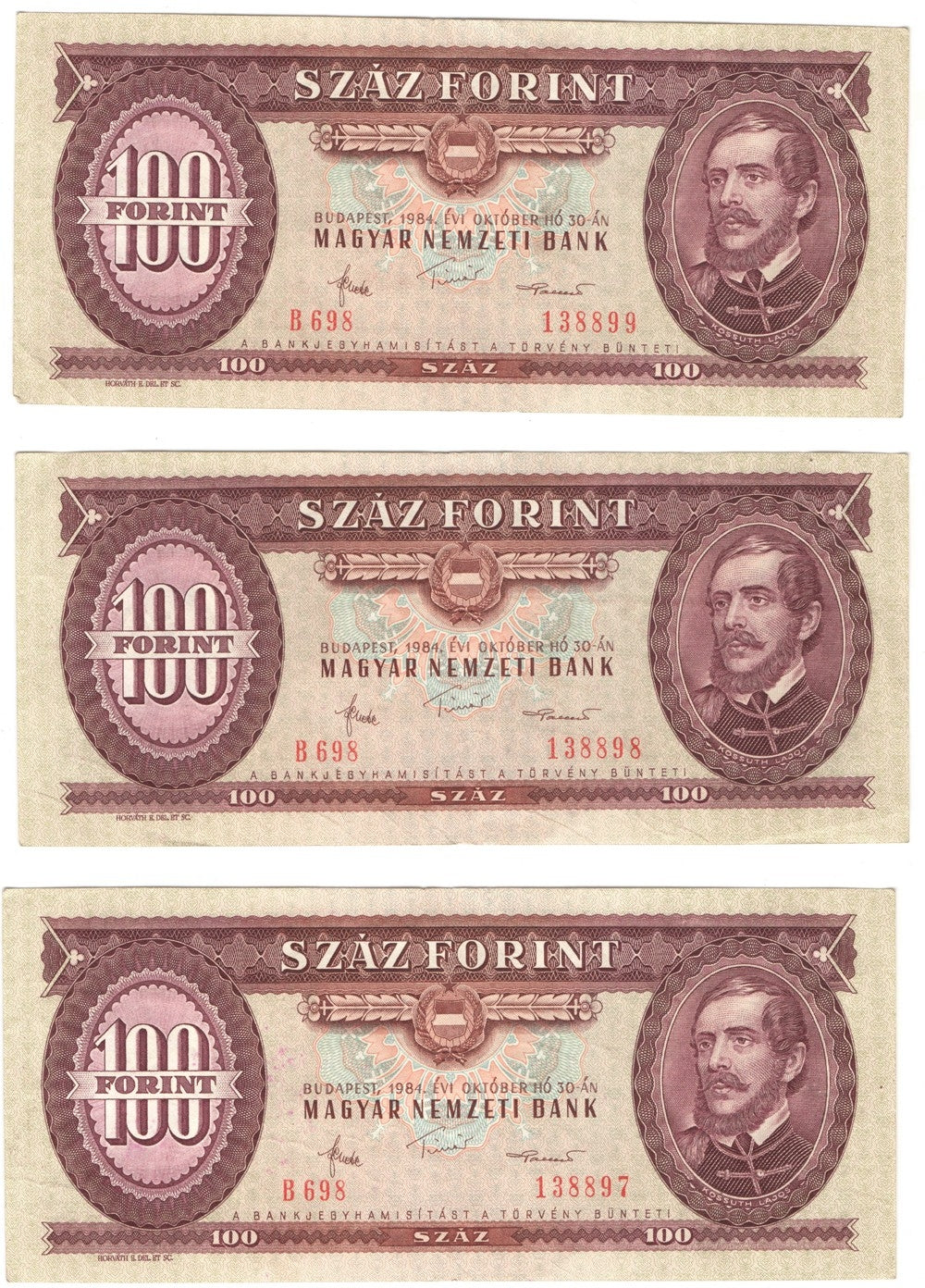 Węgry, 100 forintów 1984, seria B 698, kolejne numery