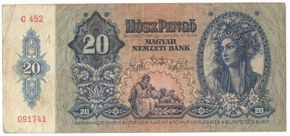 Węgry, 20 pengo 1941, seria C 452, stan 2-