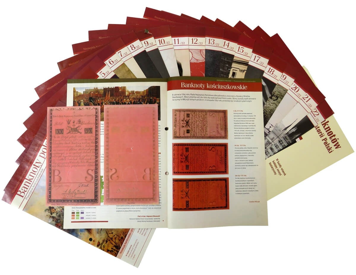 Zestaw  21 reprintów / reprodukcji rzadkich polskich banknotów obiegowych w etui